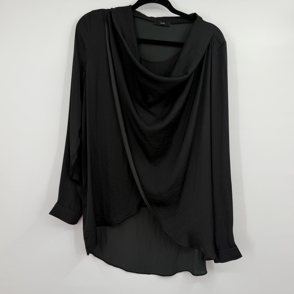 Ruti Blouse Top Womens 1 Small Black Draped Long Sleeve Satin Lightweight Draped